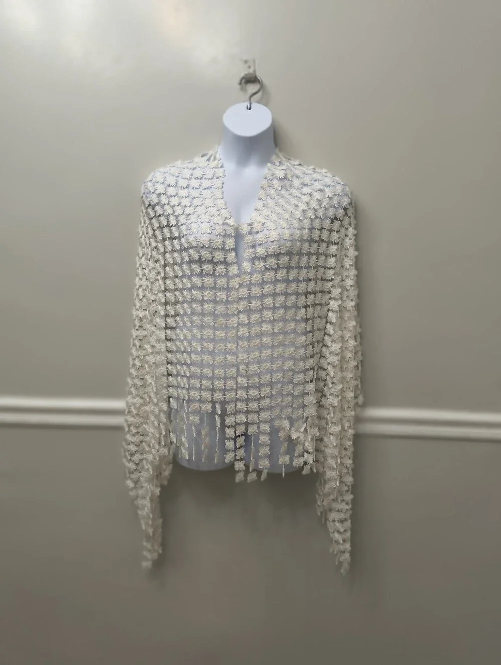Floral Lace Open Front Embroidered Shawl Fringe Wrap White/Off White Mother